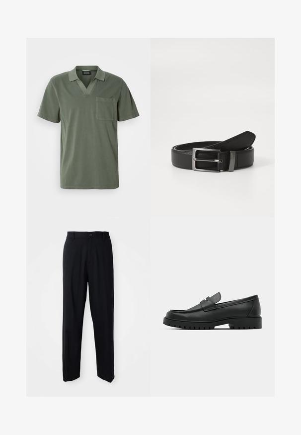 Polo de manga corta en color verde oliva con escote en V, bolsillo en el pecho y una textura suave de algodón. Diseño minimalista con líneas limpias.; Pantalones rectos negros con trabillas, cierre de botón y un diseño elegante y minimalista sobre un fondo neutro.; Mocasines de cuero negro con punta redonda, que cuentan con un diseño cosido, suela de plataforma baja y una suela de goma texturada y con tacos.; Cinturón de cuero negro con hebilla de metal plateada, que presenta un acabado suave y un diseño clásico. El cinturón está neatly doblado.