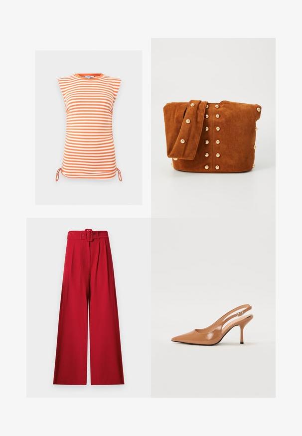 Haut sans manches rayé horizontalement orange et blanc avec encolure ronde et liens latéraux réglables à l'ourlet.; Pantalon rouge taille haute à jambes larges, avec plis à l'avant et ceinture assortie en tissu dotée d'une boucle rectangulaire.; Escarpin à talon slingback à bout pointu en matériau beige lisse et brillant. Présente un design de découpes courbées et un talon aiguille fin. Détail de boucle en argent.; Sac à épaule en daim marron avec une large sangle, présentant des clous en métal doré disposés en motif vertical sur le devant et les côtés.
