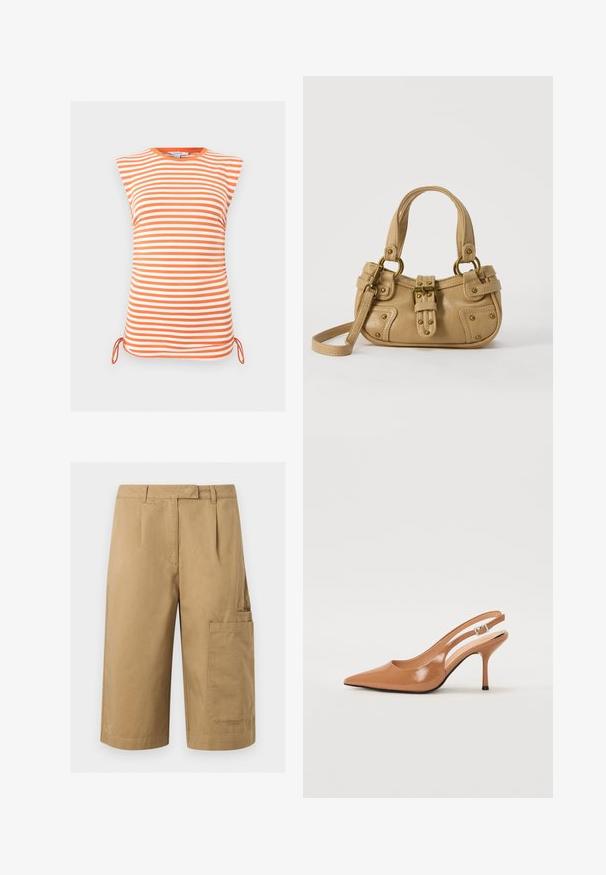 Haut sans manches rayé horizontalement orange et blanc avec encolure ronde et liens latéraux réglables à l'ourlet.; Short cargo beige longueur genou avec poche plaquée latérale, passants pour ceinture et plis devant, en tissu solide.; Escarpin à talon slingback à bout pointu en matériau beige lisse et brillant. Présente un design de découpes courbées et un talon aiguille fin. Détail de boucle en argent.; Sac à main en cuir beige avec double poignées, boucle en laiton et détails rivetés, ainsi qu'une bandoulière réglable sur fond blanc.