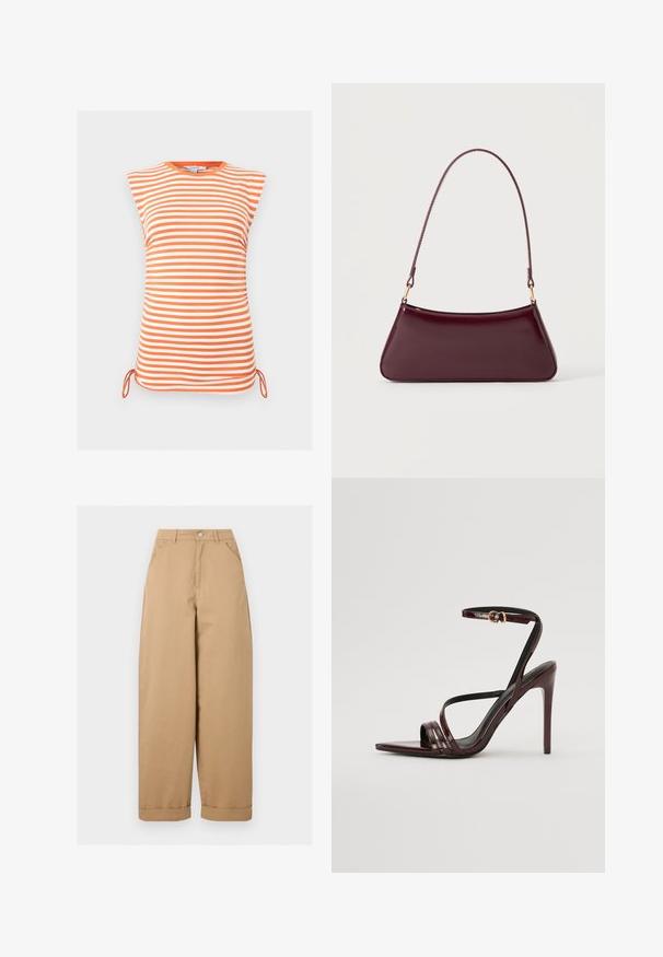 Haut sans manches rayé horizontalement orange et blanc avec encolure ronde et liens latéraux réglables à l'ourlet.; Pantalon beige taille haute à jambes larges avec poches avant, passants de ceinture, fermeture par boutons et ourlets retroussés.; Sandale à talons hauts en cuir verni bourgogne avec une bride de cheville, bout pointu et trois bandes horizontales sur le pied. Détail de boucle dorée.; Sac à main brillant bordeaux foncé avec une anse fine unique et une forme trapézoïdale élégante sur un fond clair uni.
