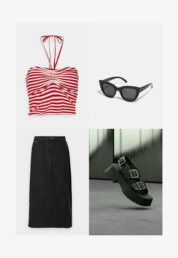 Pieces PCLAYA CROPPED TIE TUBE - Μπλούζα - high risk red/bright white; Μαύρη τζην φούστα με ψηλή μέση, ίσια γραμμή και μοναδικές γωνιαστές ραφές. Διαθέτει πλευρικές σχισμές και κλείσιμο με κουμπί στη μέση.; Μαύρο σανδάλι πλατφόρμα με τρεις φαρδιές λουριά και ασημένιες αγκράφες, να αιωρείται πάνω από γκρι χαλί με θολό γυάλινο φόντο.; Μαύρα γυαλιά ηλίου με σχήμα γατίσιας ματιού και ματ φινίρισμα, με γκρι φακούς και αιχμηρές γωνίες, καθώς και κομψά μπράτσα. Το όνομα της μάρκας είναι ορατό στο εσωτερικό του μπράτσου.