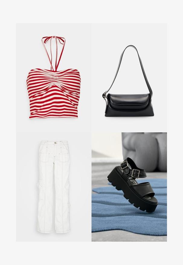Pieces PCLAYA CROPPED TIE TUBE - Μπλούζα - high risk red/bright white; BDG Urban Outfitters Τζιν χαλαρής εφαρμογής - white; Μαύρο χοντρό σανδάλι με πλατφόρμα και δύο ασημένιες αγκράφες σε μπλε υφασμένο χαλί, με ξεθωριασμένο γκρι άγαλμα στο φόντο.; Μαύρη δερμάτινη τσάντα χεριού με δομημένο σχήμα, απαλή υφή και έναν μόνο ιμάντα ώμου. Διαθέτει μια διακριτική, στρογγυλεμένη σχεδίαση καπακιού.