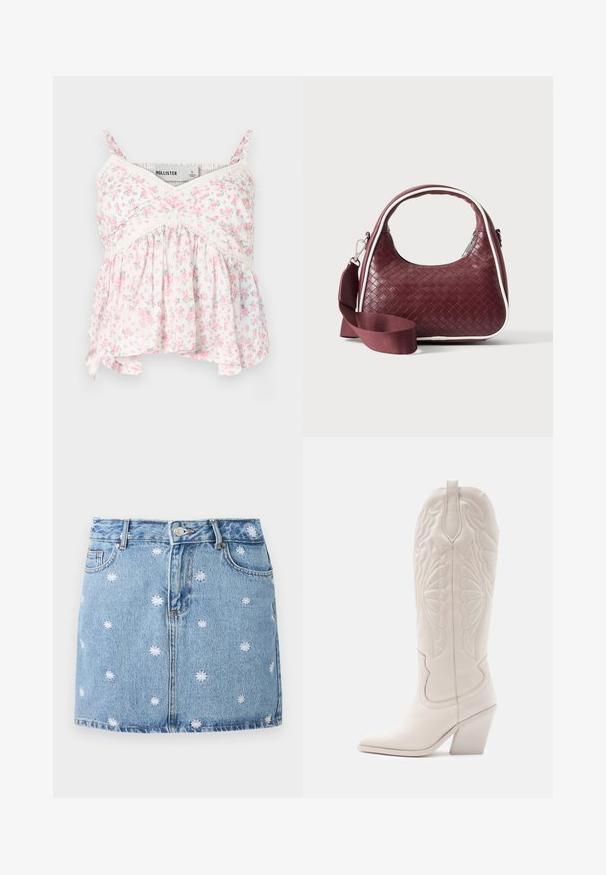 Débardeur floral avec un fond blanc orné de fleurs roses et vertes, des accents en dentelle, un corsage ajusté et un bas fluide et ample.; Jupe en denim bleu clair ornée de motifs de fleurs blanches brodés, dotée de cinq poches et d'une fermeture à boutons, avec une coupe droite et mini.; Bottine de cowboy en cuir blanc avec un bout pointu et un talon bloc. Présente des motifs de broderie complexes sur la tige et une texture lisse.; Sac à main en cuir tressé marron foncé avec poignée courbée, garniture blanche, fermeture éclair argentée et bandoulière large en tissu amovible sur fond uni.