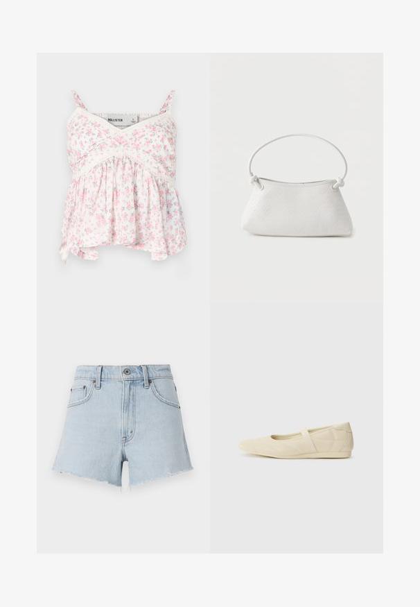 Débardeur floral avec un fond blanc orné de fleurs roses et vertes, des accents en dentelle, un corsage ajusté et un bas fluide et ample.; Shorts en denim bleu clair avec une taille haute, un ourlet effiloché et cinq poches. Présente un bouton en métal et des coutures contrastées.; Ballerines beiges avec une exterior en cuir lisse, un bout en forme d'amande et une sangle élastique sur le coup de pied, avec des détails de couture subtils.; Sac à main en cuir tressé blanc avec poignée arrondie et extrémités de lanière nouées, présenté sur un fond uni.