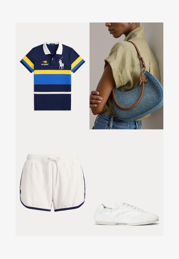 Polo bleu marine avec col blanc, rayures horizontales jaunes et bleues, logo US Open sur la poitrine gauche, et un grand emblème blanc de joueur de polo.; Shorts en éponge blanche avec taille élastiquée, cordon de serrage et bordure bleu marine foncé le long des bords.; Basket blanche profil bas avec lacets, panneau latéral en tissu lisse et semelle souple et flexible.; Femme portant une chemise beige et un jean bleu tenant un sac à main en denim bleu avec une lanière marron tressée et un charm doré avec le logo RLL.