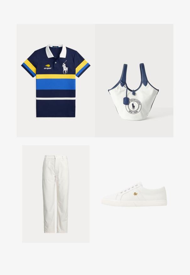 Polo bleu marine avec col blanc, rayures horizontales jaunes et bleues, logo US Open sur la poitrine gauche, et un grand emblème blanc de joueur de polo.; Pantalon blanc droit avec grandes poches plaquées devant, passants de ceinture et fermeture par bouton à la taille.; Lauren Ralph Lauren JANSON II CANVAS SNEAKER - Baskets basses - optic white; Sac cabas en toile blanche avec poignées et bordure bleu marine, avec un patch logo Ralph Lauren à l'avant et une petite étiquette suspendue.