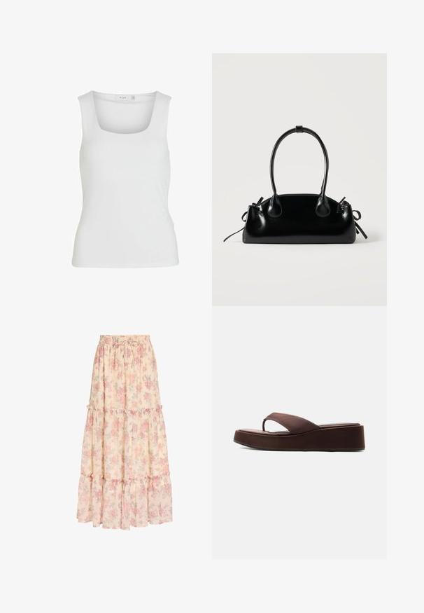 Débardeur blanc sans manches avec un décolleté carré, texture lisse et design ajusté. Fabriqué en tissu léger.; Jupe longue beige avec motif floral rose, taille élastique avec cordon et détails à volants superposés.; Sandale tongs plateforme marron avec semelle épaisse et bride large sur les orteils sur fond blanc uni.; Petit sac à main noir brillant avec deux longues anses et des détails à cordon sur les côtés sur un fond clair uni.