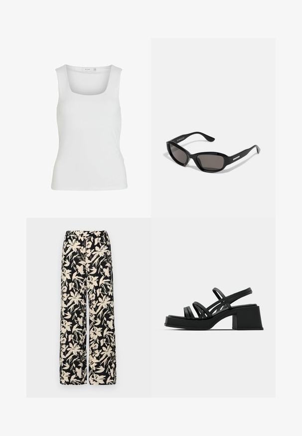 Débardeur blanc sans manches avec un décolleté carré, texture lisse et design ajusté. Fabriqué en tissu léger.; Pantalon large noir avec un motif floral crème. Fabriqué en tissu léger, il présente une texture lisse et une taille haute.; Sandales noires à talons avec plusieurs fines lanières et un large talon carré. Design élégant avec une texture mate. La semelle intérieure a une légère courbure.; Lunettes de soleil noires avec une monture rectangulaire, des verres sombres, un matériau plastique lisse et un accent métallique sur la branche.