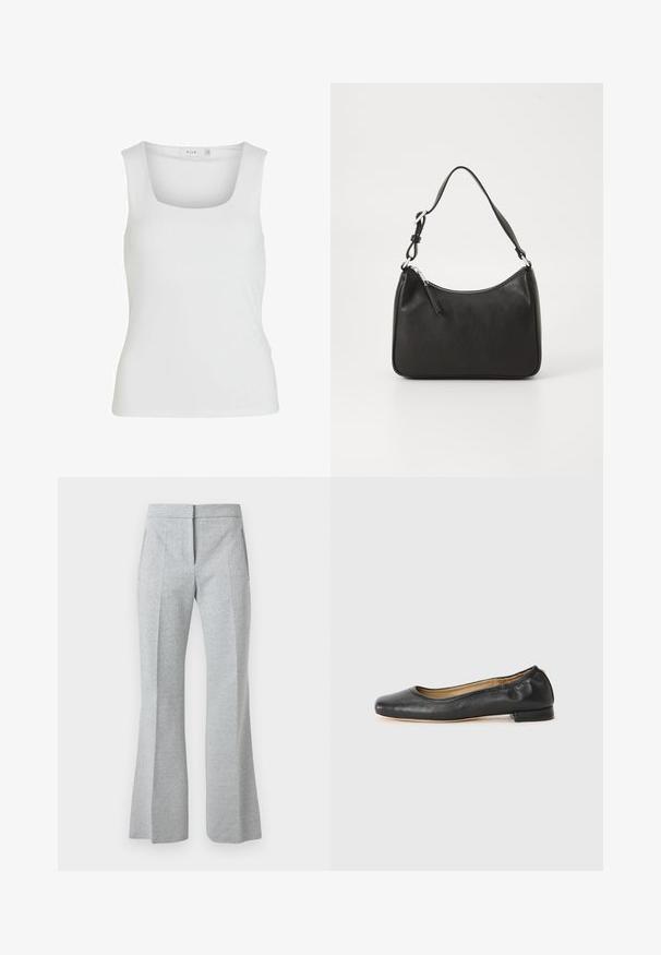Débardeur blanc sans manches avec un décolleté carré, texture lisse et design ajusté. Fabriqué en tissu léger.; Pantalon gris clair taille haute, taille ajustée avec un motif chevron subtil, pli frontal, poches latérales et jambes légèrement évasées.; Ballerines en cuir noir avec un bout arrondi et des coutures minimales. Talon bas et rectangulaire avec une texture lisse. Détails subtils de doublure intérieure.; Sac à main en cuir noir avec une forme courbée, une seule sangle, fermeture éclair et un logo discret à l'avant. Texture lisse, design minimaliste.