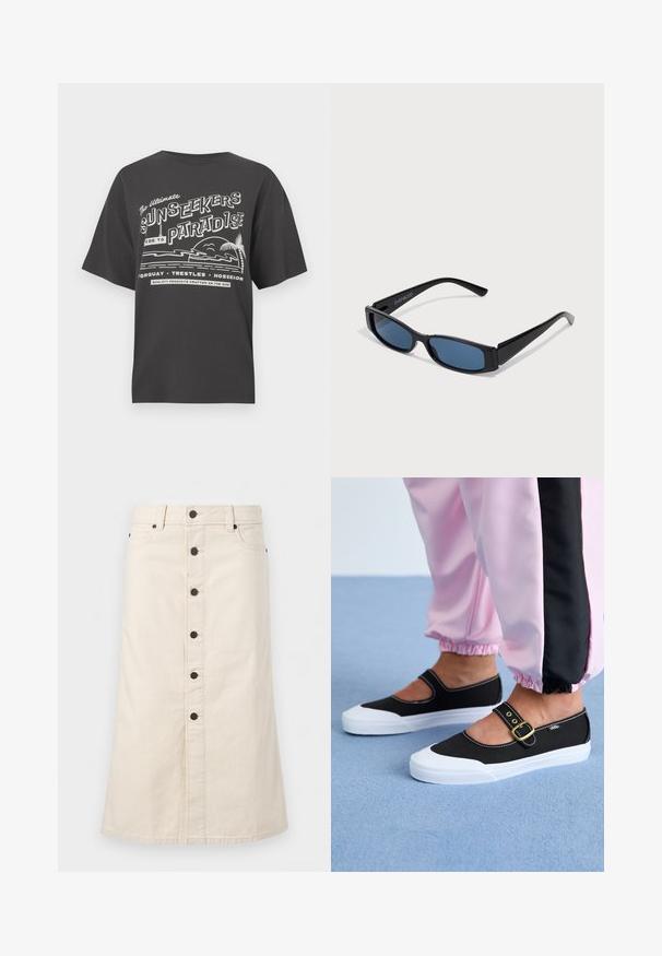 Μαύρο βαμβακερό T-shirt με λευκό γραφικό που περιλαμβάνει κείμενο και παραθαλάσσια εικόνα, όπως φοίνικες και κύματα. Χαλαρή εφαρμογή και στρογγυλή λαιμόκοψη.; Μπεζ τζιν φούστα μήκους μέχρι το γόνατο με μαύρα κουμπιά μπροστά, θηλιές για ζώνη και τσέπες στο πλάι σε απλό λευκό φόντο.; Μαύρα καμβά παπούτσια με λευκή σόλα, με σχέδιο κοπής και χρυσό λουρί. Φορεμένα με ροζ φόρμες.; Μαύρα γυαλιά ηλίου με κομψό ορθογώνιο σκελετό και μπλε φακούς. Διαθέτουν λεία υφή και ανθεκτικά μπράτσα. Λογότυπο της μάρκας στο πλάι.