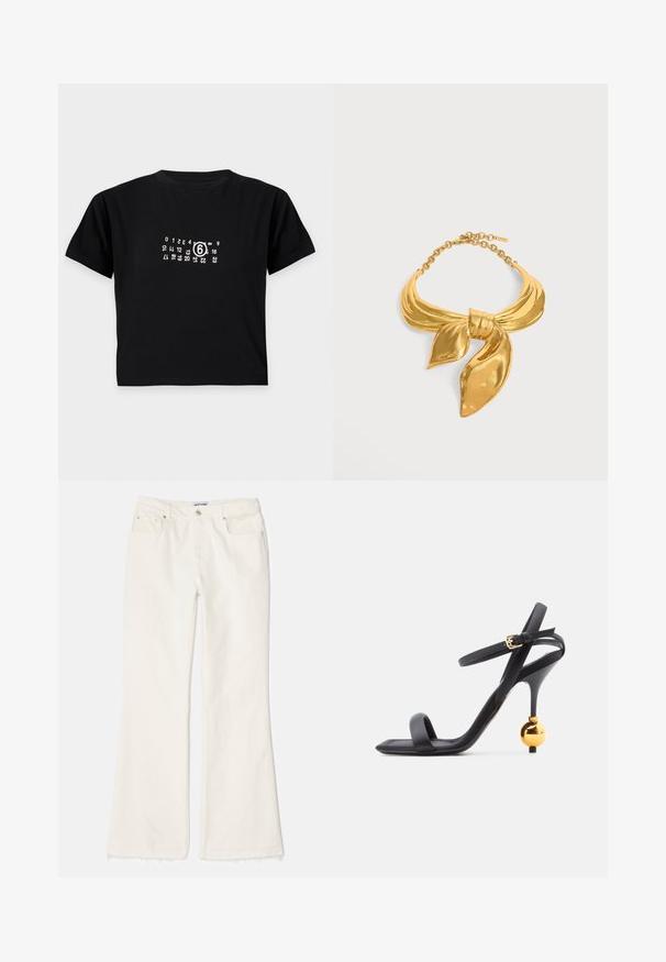 Μαύρο crop top με κοντό μανίκι και λευκούς αριθμούς τοποθετημένους σε κυκλικό σχέδιο ημερολογίου στο κέντρο του στήθους, με έμφαση στον αριθμό 6.; Λευκά τζιν φλάρε παντελόνια με ακατέργαστο στρίφωμα, που διαθέτουν μπροστινές τσέπες, μεταλλικό κουμπί και κλείσιμο με φερμουάρ. Λείος υφάσματος και ίσια σιλουέτα.; Μαύρο σανδάλι με ψηλό τακούνι, λεπτό λουράκι στον αστράγαλο και μοναδική χρυσή σφαιρική λεπτομέρεια στο τακούνι, με τετράγωνη μύτη.; Κολιέ από μέταλλο σε χρυσό τόνο, σε σχήμα δεμένης εσάρπας με ρυθμιζόμενο κούμπωμα αλυσιδάκι σε λευκό φόντο.