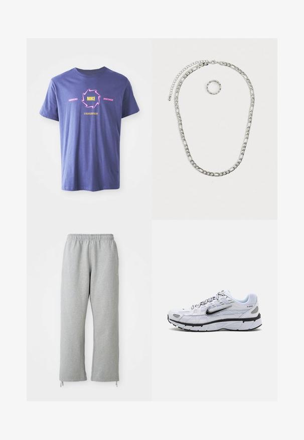 Fialové bavlnené tričko s krátkymi rukávmi s výrazným grafickým dizajnom. Obsahuje názov "Nike" v žltej farbe v ružovom vírení a textové akcenty.; Sivé tepláky s elastickým pásom, rovným strihom a šnúrkami na leme. Vyrobené z mäkkej, textúrovanej látky.; Biele bežecké topánky s textilným zvrškom, zaoblenou špičkou, čiernymi akcentmi a vzorovanou podrážkou. Obsahujú šnurovanie a značku na boku.; Sada šperkov v striebornom tóne, ktorá obsahuje hustý náhrdelník s klipom a doplňujúci textúrovaný prsteň. Obe kusy sú lesklé a metalické.