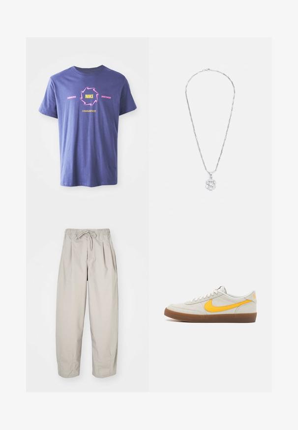 Lilla bomulds T-shirt med korte ærmer, der har et dristigt grafisk design. Inkluderer "Nike" i gult inden i en lyserød virvel og tekst accenter.; Beige, lette bukser med elastisk talje og snor. Har plisseringer og en løs pasform, lavet af blødt, glat stof.; Nike sneakers i lysegrå ruskind med en gul swoosh, hvide snørebånd og en brun gummisål. Har en struktureret finish og polstret krave.; Sølv halskæde med forlængede led og en vedhæng med et dollartegn, accentueret med klare krystaller.