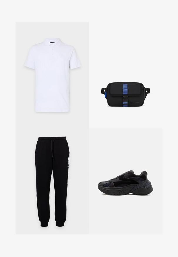 Hvid polo shirt lavet af blød bomuld, med en klassisk krave, tre-knaps placket og et lille, præget logo på brystet.; Sorte sweatpants lavet af blødt stof, med en elastisk talje og snøre, tapered ben og et logo langs siden.; Sort chunky sneaker med tyk sål, ruskind og mesh paneler og teksturerede designdetaljer på siden og tåen.; Sort stofpose med rektangulær form, der har en blå rem og spænde, sideløkke og præget logo på fronten.