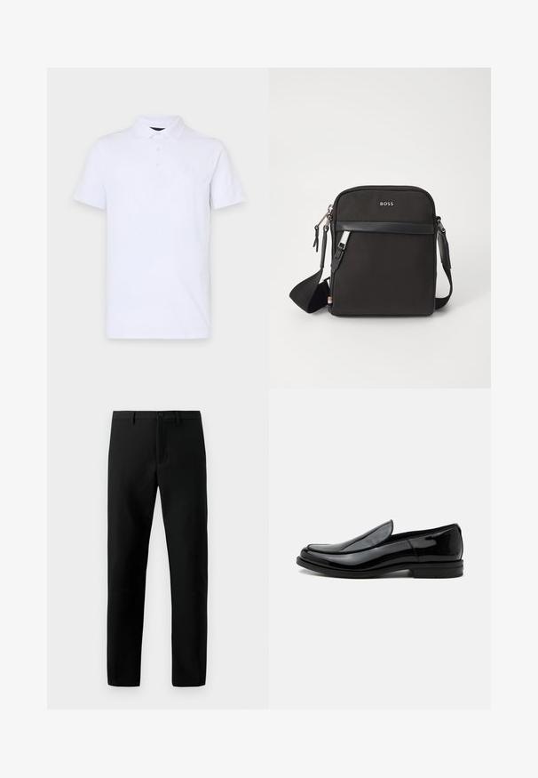 Polo blanca hecha de algodón suave, con un cuello clásico, tapeta de tres botones y un pequeño logo en relieve en el pecho.; Pantalones negros de tela suave, con cierre de botón, diseño de pierna recta y sin patrones visibles, con líneas limpias.; Zapato de vestir negro de piel brillante tipo slip-on con tacón bajo y punta redondeada, visto de lado sobre un fondo blanco liso.; Bolso bandolero negro con un tejido texturizado, logo en la parte frontal, cierre de cremallera y correa ajustable. Presenta un ribete de cuero suave.