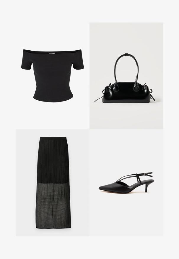 Sort off-the-shoulder top lavet af ribbet stof, med korte ærmer og en tætsiddende design, med en glat tekstur og rene linjer.; Sort ribbet midinederdel med en gennemsigtig nederste halvdel og elastik i taljen, vist fladt mod en hvid baggrund.; Sort læder spids tå kitten heel med tynd ankelrem og spænde, slingback design, på en ensfarvet lys baggrund.; Lille sort blank håndtaske med to lange håndtag og snøre-detaljer i siden på en ensfarvet lys baggrund.