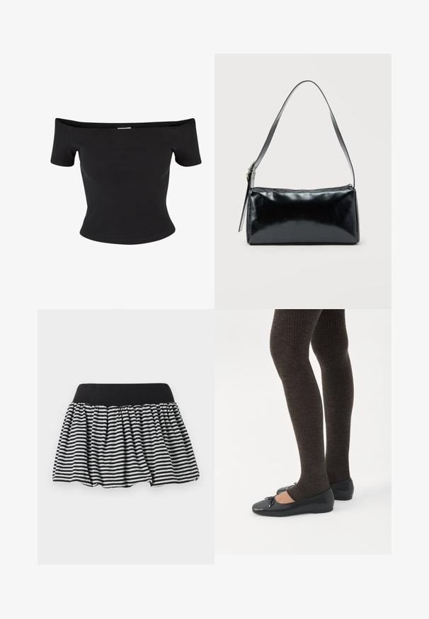 Sort off-the-shoulder top lavet af ribbet stof, med korte ærmer og en tætsiddende design, med en glat tekstur og rene linjer.; Stribet sort og hvid nederdel med et samlet design og elastisk talje, lavet af blødt materiale. Har en udvidet form for fylde.; Ben iført mørke ribbede leggings kombineret med sorte balletsko med små sløjfedetaljer på hvid baggrund.; Sort rektangulær skuldertaske med en enkelt justerbar rem og lynlås i toppen på en ensfarvet baggrund.
