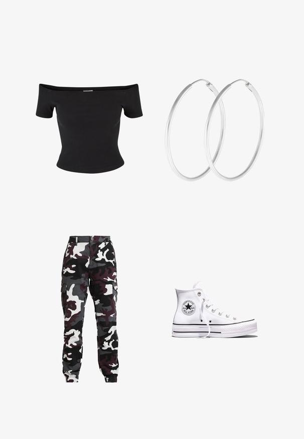 Zwart off-shoulder top gemaakt van ribfluweel, met korte mouwen en een aansluitend design, met een soepele textuur en strakke lijnen.; Camo cargobroeken met een mix van zwart, wit, grijs en bordeauxrood, elastische manchet en zijzakken voor extra functionaliteit.; Witte Converse Chuck Taylor All Star sneaker met hoge schacht, zwarte strepen en logo-patch aan de zijkant, weergegeven tegen een effen witte achtergrond.; Zilverkleurige oorringen met een gladde, ronde vorm en een gepolijste afwerking. Beide oorbellen zijn van dezelfde grootte en hebben een veilige sluitmechanisme.
