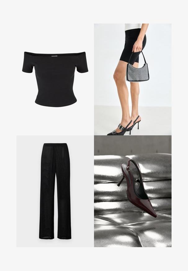 Top negro sin mangas de tela acanalada, con mangas cortas y un diseño ajustado, con una textura suave y líneas limpias.; Pantalones negros de pierna ancha con un sutil brillo, que cuentan con una cintura elástica y un dobladillo recto.; Zapato de tacón alto tipo slingback de color rojo oscuro con puntera puntiaguda, descansando sobre una superficie acolchada metálica plateada y brillante.; Bolso de cuentas negras con una silueta curva, asa de transporte y textura brillante. Llevado con zapatos de tacón altos negros y pantalones cortos negros ajustados.