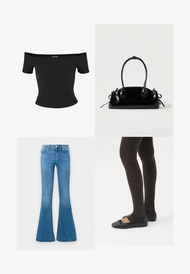 Zwart off-shoulder top gemaakt van ribfluweel, met korte mouwen en een aansluitend design, met een soepele textuur en strakke lijnen.; Blauwe spijkerbroeken met uitlopende pijpen en een mid-rise taille, voorzien van vijf zakken, een standaard knoopsluiting en een lichte vervaging voor textuur.; Benen met donkere geribbelde leggings gecombineerd met zwarte ballerina's met kleine strikdetails op een witte achtergrond.; Kleine zwarte glanzende handtas met twee lange hengsels en zijkant trekkoord details op een effen lichte achtergrond.