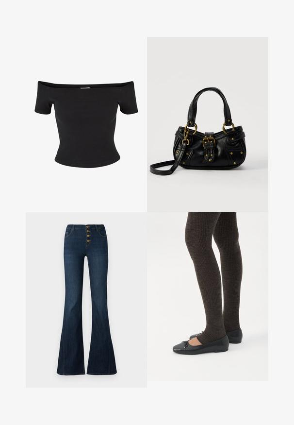 Sort off-the-shoulder top lavet af ribbet stof, med korte ærmer og en tætsiddende design, med en glat tekstur og rene linjer.; Mørkeblå højtaljede jeans med flagrende ben og fire synlige brune knapper foran lynlåsen mod en hvid baggrund.; Ben iført mørke ribbede leggings kombineret med sorte balletsko med små sløjfedetaljer på hvid baggrund.; Sort læderhåndtaske med guldbælge og nitdetaljer, korte håndtag og en justerbar skulderrem på en ensfarvet hvid baggrund.