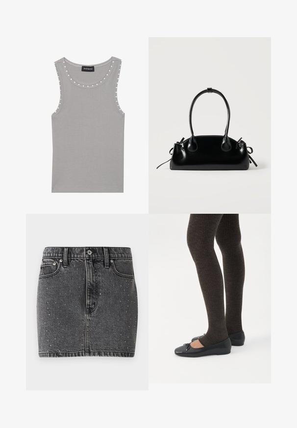 Grijze mouwloze top van ribstof, met een ronde halslijn en witte stipaccenten langs de randen. Netjes afgewerkte zoom.; Donkergrijze denim rok met zilveren studs. Heeft een getailleerde pasvorm, klassiek vijfzakdesign en riemlussen.; Benen met donkere geribbelde leggings gecombineerd met zwarte ballerina's met kleine strikdetails op een witte achtergrond.; Kleine zwarte glanzende handtas met twee lange hengsels en zijkant trekkoord details op een effen lichte achtergrond.