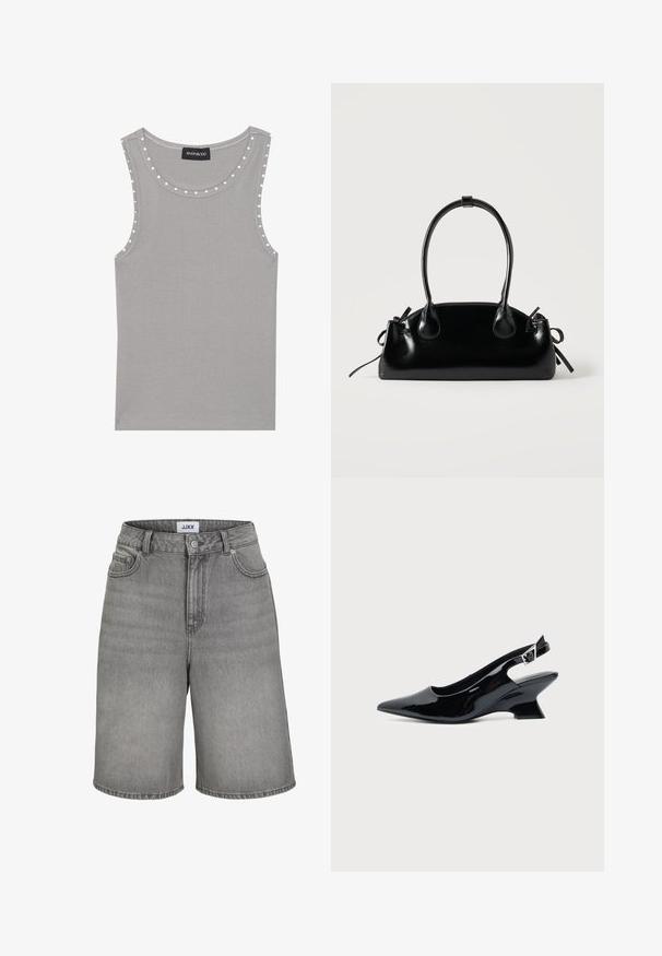 Haut sans manches gris en tissu côtelé, avec un col rond et des accents de pois blancs le long des bords. Finition d'ourlet propre.; Shorts en denim gris présentant un design classique avec une fermeture à bouton, cinq poches et des coutures visibles. Le tissu a une texture lisse.; Chaussure slingback en cuir verni noir avec bout pointu et petit talon bloc incliné sur fond clair uni.; Petit sac à main noir brillant avec deux longues anses et des détails à cordon sur les côtés sur un fond clair uni.