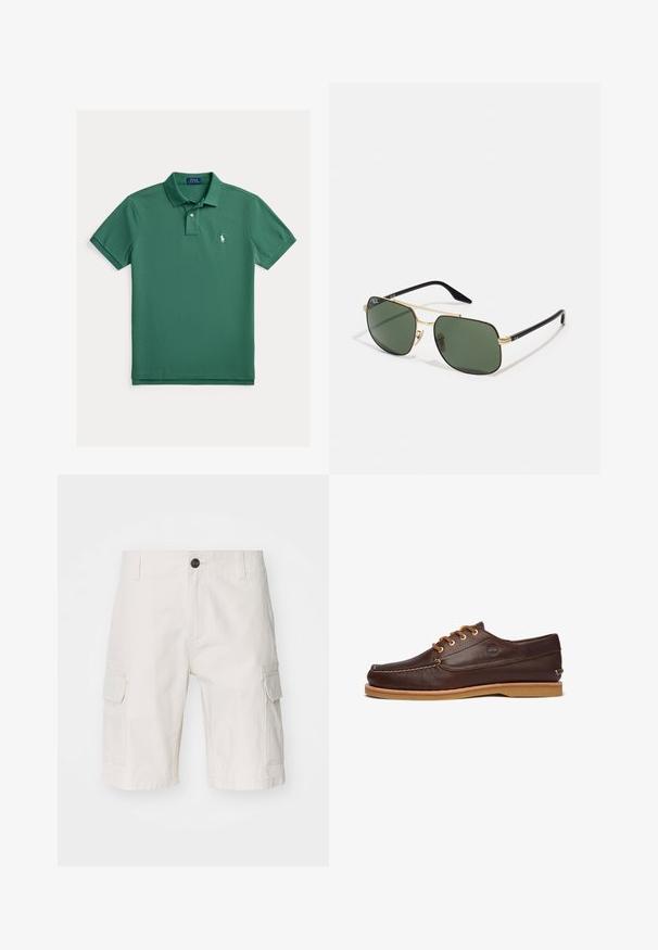 Grøn poloshirt lavet af bomuld, med en klassisk krave, to knapper, korte ærmer og et lille hvidt logo på venstre side af brystet.; Beige cargo shorts lavet af letvægtsstof, med to sidelommer, knaplukning og en afslappet pasform. Glat tekstur med subtilt mønster.; Brune lædersko med en tekstureret overflade, rund tå, snørebåndssystem med gyldne øjer og en lys brun gummisål.; Guldmetal solbriller med grønne linser, rektangulær form, sorte plastiske tempel og et tofarvet design. Har næsepuder for komfort.