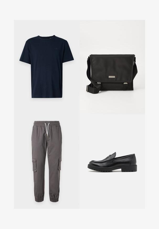 Camiseta de manga corta azul marino hecha de tela suave, con cuello redondo, con un pequeño logo y el año "1962" impreso en el pecho.; Pier One by Zalando RELAXED CARGO - Pantalones cargo - dark grey; Mocasines de cuero negro con punta redondeada, diseño sin cordones y suela de goma gruesa con agarre texturizado. Tacón elevado y detalles de costura sutiles.; Maletín negro hecho de nailon con acabado mate. Presenta un cierre con solapa, una correa ajustable y una pequeña placa con el logo metálico.