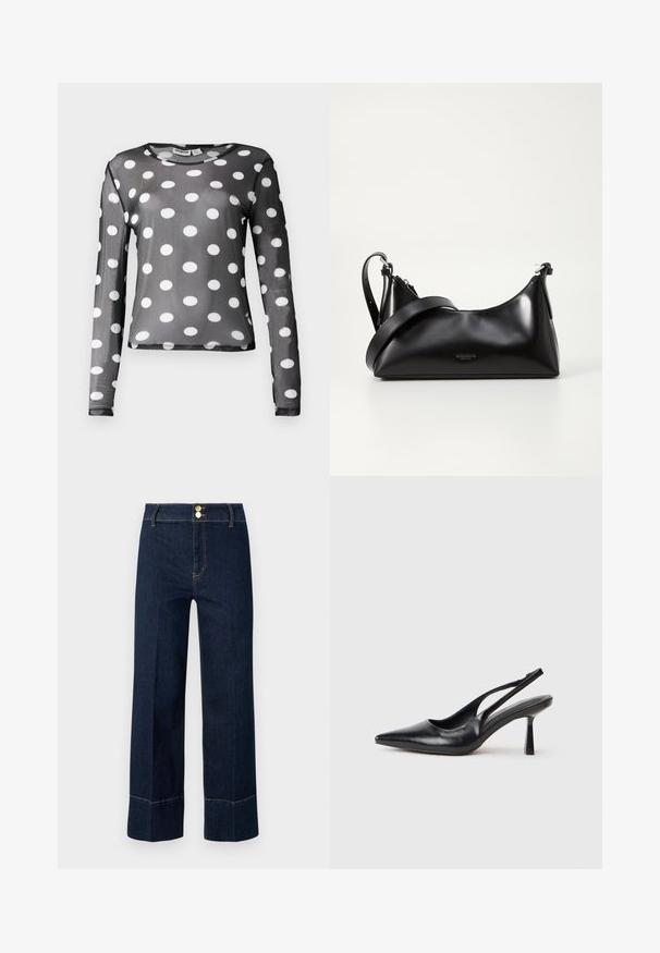 Langärmliges schwarzes Mesh-Shirt mit großen weißen Punkten. Hat einen runden Ausschnitt und eine glatte Textur, mit einer figurbetonten Silhouette.; Dunkelblaue, hochschneiderische, weit geschnittene Jeans mit doppelten goldenen Knöpfen und sichtbaren orangen Nähten auf hellem Hintergrund.; Schwarzer Leder Slingback High Heel Schuh mit spitzer Zehenpartie und schmalem Absatz auf einem weißen Hintergrund.; Schwarze lederne Handtasche mit glatter Textur. Verfügt über einen verstellbaren Riemen und ein elegantes, minimalistisches Design mit einem Reißverschluss.