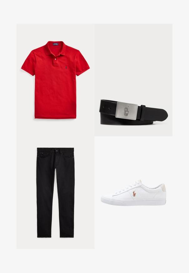 Červené polo tričko s krátkym rukávom, golierom, gombíkovou légou a malým tmavým logom na ľavej strane hrudníka, zobrazené na bielom pozadí.; Čierne slim-fit džínsy s prednými a zadnými vreckami, pútkami na opasok a zapínaním na gombík a zips, položené na bielom pozadí.; Biele plátenné tenisky s nízkym strihom, ktoré majú béžový opasok na päte a malé vyšívané logo na boku. Gumová podrážka.; Čierny kožený opasok s obdĺžnikovou striebornou kovovou prackou s vyrazeným logom jazdca, hladkou textúrou a piatimi otvormi na opasok.