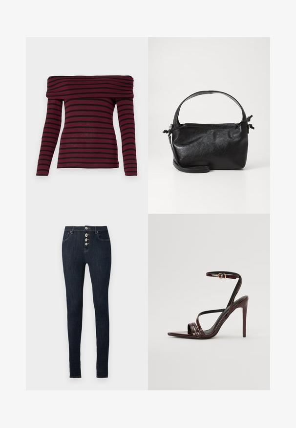 Bordeaux off-shoulder langærmet top med sorte vandrette striber, som har en indsamlet hals og en tætsiddende silhuet. Blød stofstruktur.; Mørkeblå skinny jeans med høj talje med fire synlige hvide knapper og forlommer, vist mod en ensfarvet baggrund.; Bordeaux laker læder højhælede sandal med ankelrem, spids tå og tre vandrette remme over foden. Detalje med spænde i guldtonet.; Sort læderhåndtaske med et struktureret design, rund tophåndtag og aftagelig skulderrem. Den har en glat tekstur og en subtil glans.