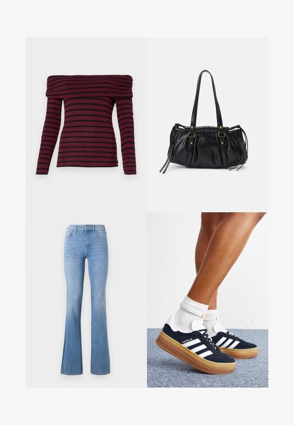 Bordeaux off-shoulder langærmet top med sorte vandrette striber, som har en indsamlet hals og en tætsiddende silhuet. Blød stofstruktur.; Lysblå flagrende jeans med mellemhøj talje, klassisk fem-lomme design og subtil fading langs benene. Denim stoftekstur.; Ben iført hvide sokker og sorte Adidas Gazelle sneakers med hvide striber og tykke brune såler på et gråt tæppe.; Sort læderhåndtaske med rund form, dobbelte hanke, dekorative hardware-detaljer og snøre på siden. Glat, blank overflade.