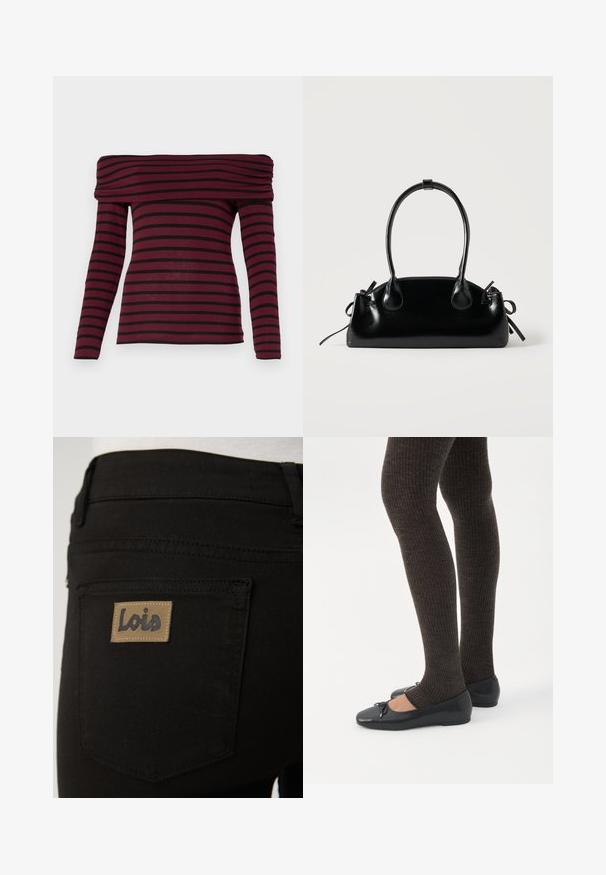 Top burdeos de manga larga y hombros descubiertos con rayas horizontales negras, que cuenta con un escote recogido y una silueta ajustada. Textura de tela suave.; Vaqueros de mezclilla negra con un bolsillo trasero liso que lleva una etiqueta rectangular de color marrón claro con la inscripción "Lois" en relieve. Textura suave y diseño clásico.; Piernas con leggings oscuros acanalados combinados con bailarinas negras que presentan pequeños detalles de lazo sobre un fondo blanco.; Pequeño bolso negro brillante con dos asas largas y detalles de cordón lateral sobre un fondo claro liso.
