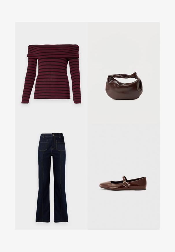 Top burdeos de manga larga y hombros descubiertos con rayas horizontales negras, que cuenta con un escote recogido y una silueta ajustada. Textura de tela suave.; Jeans acampanados de color azul oscuro hechos de denim, con una cintura alta, dos bolsillos traseros y costuras visibles a lo largo de las costuras.; Bailarina de charol marrón con punta cuadrada y tira que presenta una pequeña hebilla dorada. Textura suave, tacón bajo y diseño minimalista.; Bolso de hombro de cuero marrón oscuro con una forma suave y caída, y un asa con nudo torcido sobre un fondo blanco liso.