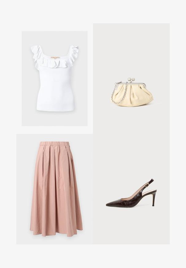 Top blanco sin mangas con tejido acanalado, escote cuadrado y volante en los hombros y el pecho.; Falda plisada de color rosa claro con una cintura elástica, que presenta una textura de tela suave y un diseño fluido que se extiende hasta la altura de la mitad de la pantorrilla.; Zapato con tacón alto de piel marrón oscuro con talón descubierto, puntera puntiaguda y hebilla dorada, con estampado de cocodrilo en relieve.; Clutch de cuero beige plisado con un marco de metal plateado, que cuenta con dos broches decorativos redondos y una correa de cadena plateada.
