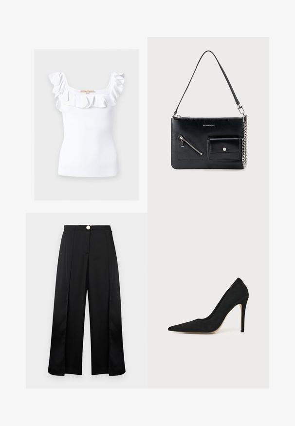 Haut blanc sans manches en maille côtelée avec encolure carrée et bordure à volants le long des épaules et de la poitrine.; Pantalon large noir à taille haute, avec plis sur le devant, fentes latérales et fermeture par bouton doré.; Escarpin stiletto noir à talon haut avec bout pointu et texture lisse, présenté de profil sur un fond clair uni.; Sac à bandoulière en cuir noir Michael Kors avec fermeture éclair supérieure, poche avant zippée en diagonale, poche à rabat avec bouton-pression et détail en chaîne argentée.
