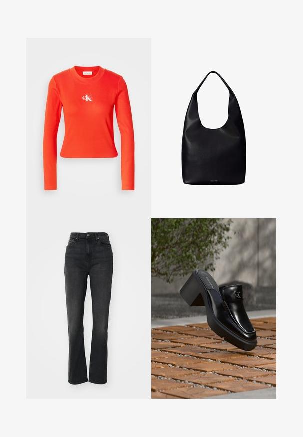 Rød langærmet bomuldsbluse med ribbet tekstur og rund udskæring. Har et hvidt logo på brystet. Kort design.; Højtaljede sorte denim jeans med lige ben, fem-lomme design, frontlukning med knap og minimal syning.; Sort læder Calvin Klein slip-on mule med blokhæl, der hviler på trætøj udendørs nær en grøn plante og en grå væg.; Sort læder shoppertaske med en bred enkelt skulderrem og et subtilt Calvin Klein-logo nederst i midten.