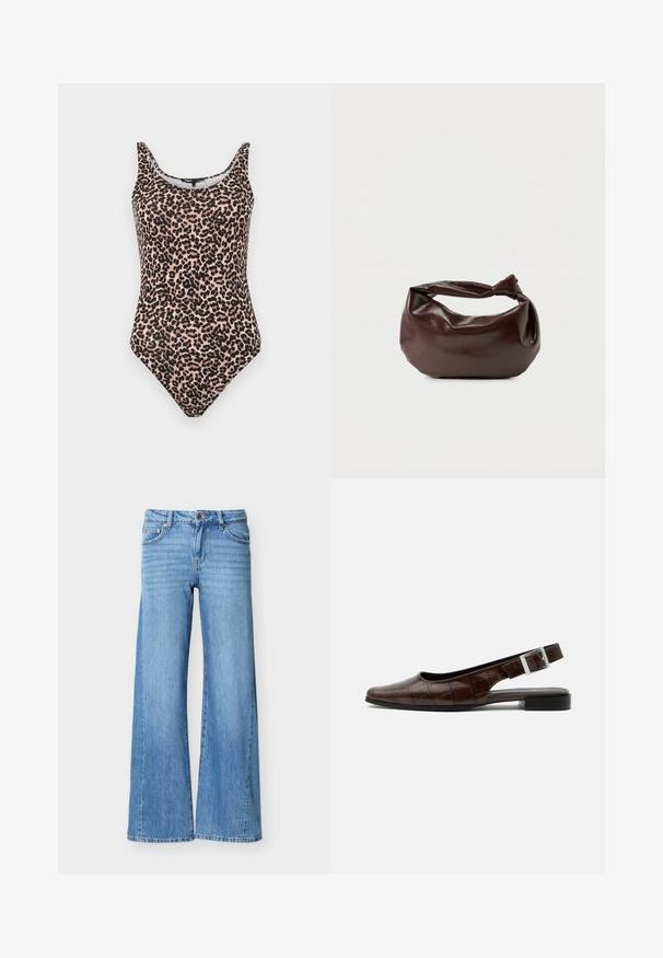 Maillot de bain une pièce à imprimé léopard dans des nuances de beige et de noir. Doté d'un col rond, de bretelles tank et d'une taille haute. Texture de tissu lisse.; Jean en denim bleu clair avec une taille haute, fermeture à boutons et fermeture éclair, poches avant, et jambes larges.; Chaussure plate slingback en cuir marron foncé avec bout carré, texture crocodile et boucle argentée sur la bride.; Sac bandoulière en cuir marron foncé avec une forme souple et décontractée et une anse nouée torsadée sur un fond blanc uni.