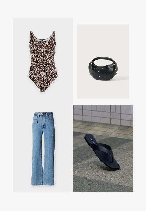 Maillot de bain une pièce à imprimé léopard dans des nuances de beige et de noir. Doté d'un col rond, de bretelles tank et d'une taille haute. Texture de tissu lisse.; Jean denim bleu clair taille haute avec jambes larges, cinq poches, et une ceinture en denim assortie avec œillets en métal et boucle.; Sandale noire à lanière avec bout carré et nom de la marque sur la semelle, positionnée debout sur un pavement texturé près d’un mur carrelé.; Sac à main en cuir noir de forme arrondie, décoré de clous argentés et équipé d'une poignée courte. Texture lisse et fermeture éclair.