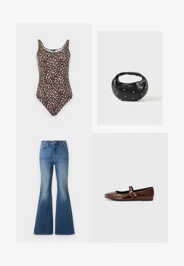 Maillot de bain une pièce à imprimé léopard dans des nuances de beige et de noir. Doté d'un col rond, de bretelles tank et d'une taille haute. Texture de tissu lisse.; Jean en denim bleu taille haute, évasés, avec un effet délavé, comportant deux poches avant, une fermeture à bouton, et des détails cousus sur les coutures.; Ballerine en cuir verni marron avec un bout carré et une lanière ornée d'une petite boucle dorée. Texture lisse, talon bas et design minimaliste.; Sac à main en cuir noir de forme arrondie, décoré de clous argentés et équipé d'une poignée courte. Texture lisse et fermeture éclair.