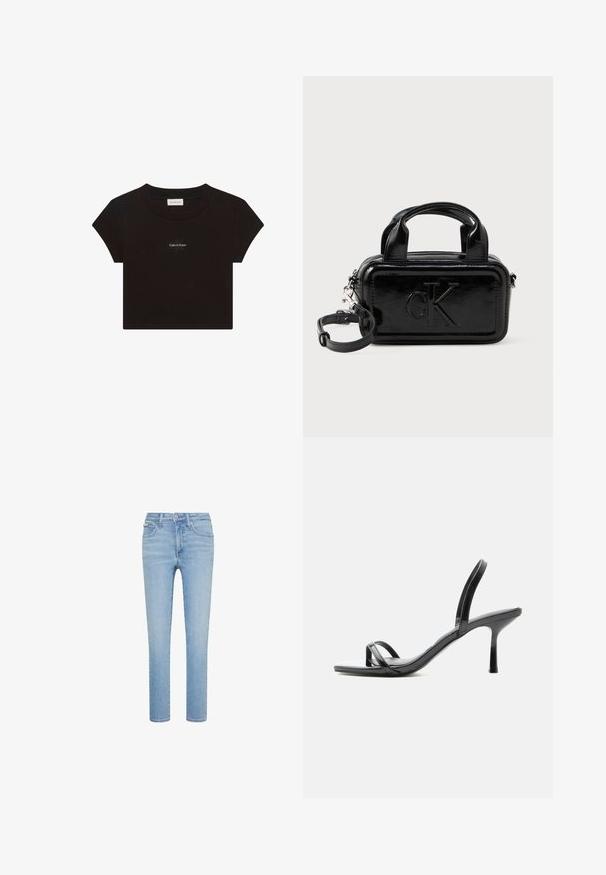 Sort kortærmet crop top med rund halsudskæring og lille hvid "Calvin Klein" logo tekst centreret på brystet.; Lyseblå denimjeans, lige snit, fem-lommer stil, med forreste knap- og lynlås lukning, med subtile falmninger og syningsdetaljer.; Sort sandal med høje hæle med tynde remme over tæerne og omkring anklen, skinnende finish og en tynd stiletthæl.; Sorte patentlæder taske i rektangulær form, med to top-håndtag, aftagelig skulderrem og præget "CK" logo på forsiden.