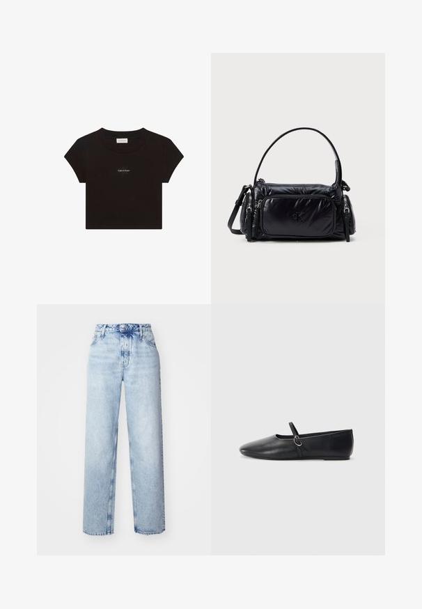 Schwarzes kurzärmeliges Crop-T-Shirt mit rundem Ausschnitt und kleinem weißen "Calvin Klein" Logo-Text mittig auf der Brust.; Hellblaue High-Waist-Jeans mit lockerer Passform, geradem Bein, fünf Taschen und klassischem Knopf- und Reißverschluss.; Schwarze Leder-Ballettschuhe mit spitzem Schuhzeug, flacher Sohle und einem kleinen Riemen mit silberner Schnalle.; Schwarze Nylon-Handtasche mit einem plüschigen Design, abgerundetem Schultergurt, einer vorderen Reißverschlusstasche und einem dezenten, auf der Vorderseite geprägten Logo.