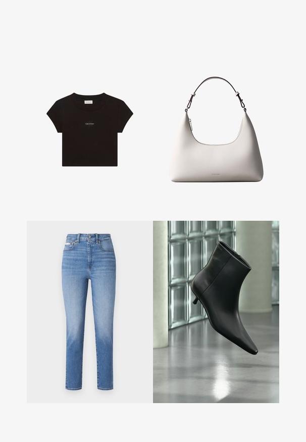 Sort kortærmet crop top med rund halsudskæring og lille hvid "Calvin Klein" logo tekst centreret på brystet.; Lyseblå denimjeans med høj talje, lige ben og subtile lysninger. Har bæltestropper, fem lommer og lukning med metalknap.; Sort læderankelstøvle med spids tå og lav kitten-hæ, vist vinklet mod en poleret gulv- og glasblokvæg.; Cremefarvet skuldertaske i læder fra Calvin Klein med buet topkant, sølvfarvet lynlås og mørkebrun justerbar rem.