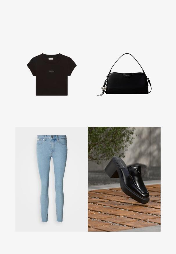 Sort kortærmet crop top med rund halsudskæring og lille hvid "Calvin Klein" logo tekst centreret på brystet.; Lyseblå skinny jeans lavet af denim. Har høj talje, fem-lomme design og let flæser ved kanten.; Sort læder Calvin Klein slip-on mule med blokhæl, der hviler på trætøj udendørs nær en grøn plante og en grå væg.; Sort rektangulær Calvin Klein håndtaske med enkelt toprem, sølvlogo vedhæng og lille klaplukning foran.