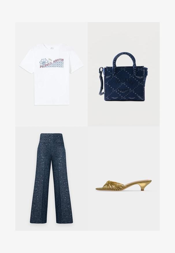 Witte katoenen t-shirt met een kleurrafische afbeelding van een reuzenrad en een achtbaan, met de tekst "PS Paul Smith" in rood en blauw.; Wijde broek met hoge taille van marineblauwe stof, bedekt met dicht opeengepakte zilveren pailletten die een glinsterend effect creëren.; Gouden mule met open teen, lage kittenhak en knoopdesign op een effen witte achtergrond.; Donkerblauwe rechthoekige handtas met dubbele handvatten, sterren- en vleugelpatronen, de tekst "Voltaire Paris" en een verstelbare zijriem.