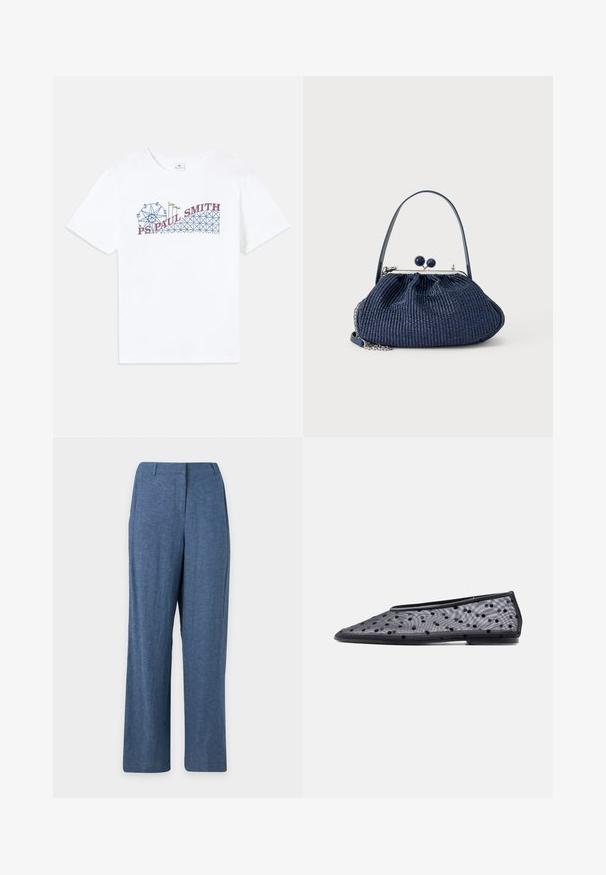 T-shirt en coton blanc avec un graphique coloré d'une grande roue et d'une montagne russe, avec le texte "PS Paul Smith" en rouge et bleu.; Pantalon bleu droit avec une taille, des passants pour ceinture et une fermeture éclair à l'avant, sur fond blanc.; Chaussure plate noire à bout pointu, en tissu transparent avec un motif à pois noirs sur un fond clair.; Sac à main en tissu tissé bleu marine avec fermoir rond, poignée courte et détail en chaîne argentée sur un fond clair uni.