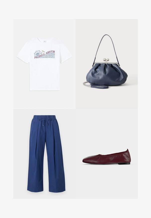 T-shirt en coton blanc avec un graphique coloré d'une grande roue et d'une montagne russe, avec le texte "PS Paul Smith" en rouge et bleu.; Pantalon bleu à jambes larges avec taille élastiquée et cordon de serrage, avec plis à l'avant et poches latérales.; Ballerine plate en cuir bordeaux avec bord supérieur élastique froncé et fine semelle noire sur fond blanc.; Sac à main en cuir bleu marine doux avec fermeture à boucle argentée, une seule bandoulière, et une chaîne de poignet amovible sur fond blanc.