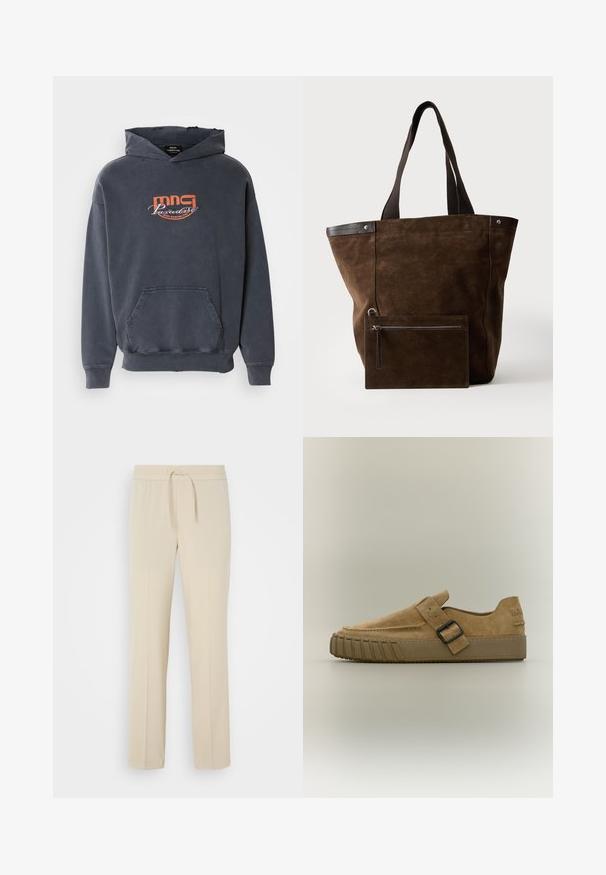 Mørkegrå hoodie med en frontlomme, snoretræk i hætten og orange grafisk logo "mmg Paradise Disco Dancing Club" på brystet. Fabric i bomuldsblanding.; Beige, elastisk taljebukser med snoretræk. Har lige ben og en glat tekstur, velegnet til afslappet brug eller afslapning.; Tan ruskind slip-on sko med tyk gummisål og sort spænde over toppen, sidevisning på ensfarvet baggrund.; Mørkebrun ruskindstaske med sorte håndtag og en tilsvarende rektangulær lynlåspung fastgjort foran.