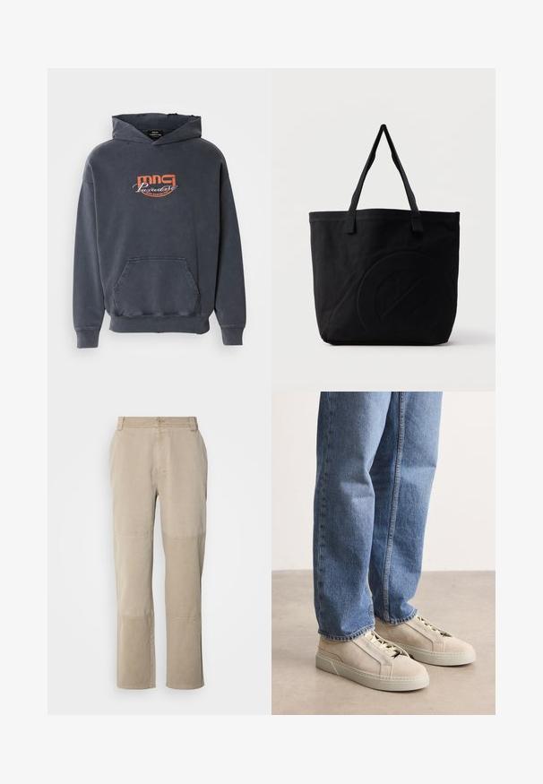 Mørkegrå hoodie med en frontlomme, snoretræk i hætten og orange grafisk logo "mmg Paradise Disco Dancing Club" på brystet. Fabric i bomuldsblanding.; Beige bomulds twill bukser med lige ben-design, der har syede knæaccentueringer og en knaplukning i taljen.; BOSS GARYTENN_SDHDEL - Sneakers - natural ten; Sort canvas-tote-taske med to skulderstropper og et diskret præget cirkeldesign på fronten.